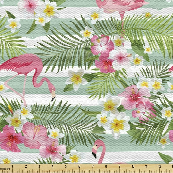 Flamingo Sofa Upholstery Fabric by the Yard, Flamingos with Exotic Hawaiian Leaves Flowers on Striped Vintage Background, Decorative Fabric for DIY and Home Accents, Green Pink White by Ambesonne