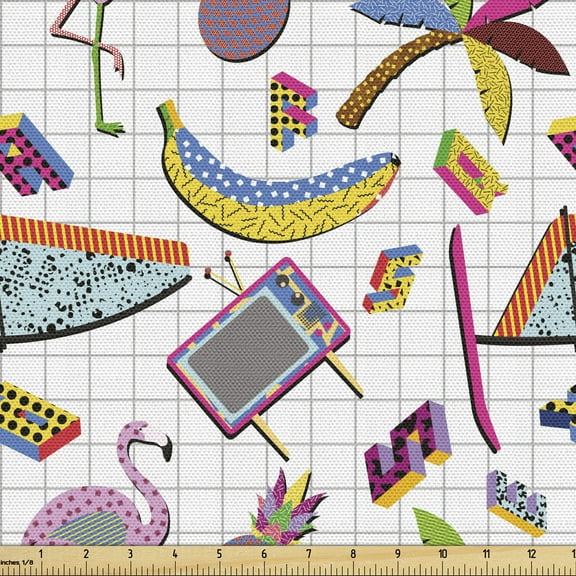 Ambesonne Flamingo Fabric by the Yard Upholstery, 80s Memphis Colorful, 2 Yards, Multicolor