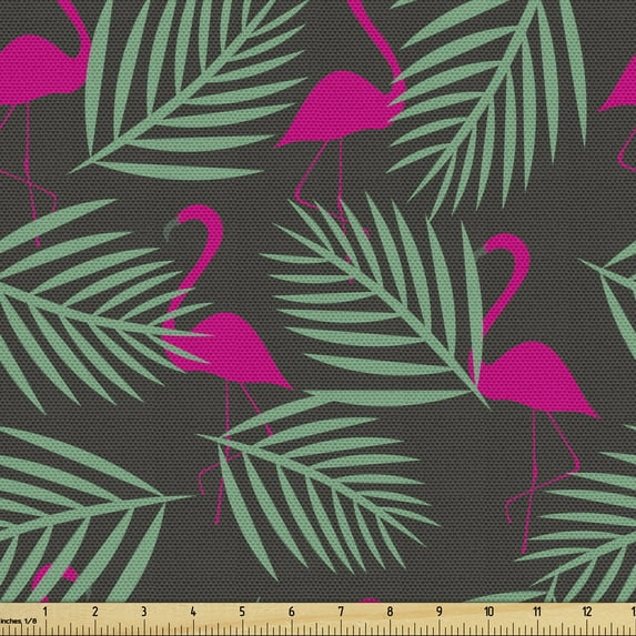 Ambesonne Flamingo Fabric by the Yard Upholstery, Zoo Animals in Pink, 1 Yard, Hot Pink Green Black