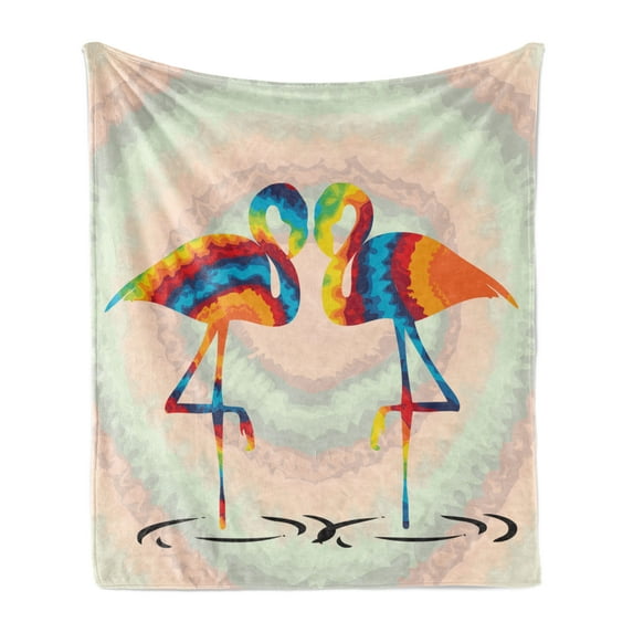 Flamingo Soft Flannel Fleece Blanket, Colorful Love Valentine Flamingos Illustration Retro Circles at Back Funky Print, Cozy Plush for Indoor and Outdoor Use, 50" x 70", Multicolor, by Ambesonne