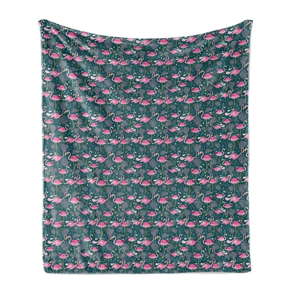 Flamingo Soft Flannel Fleece Blanket, Exotic Pink Birds with Doodle Style Flowers Tropical Flora and Fauna, Cozy Plush for Indoor and Outdoor Use, 50" x 70", Dark Teal Pink Pale Blue, by Ambesonne