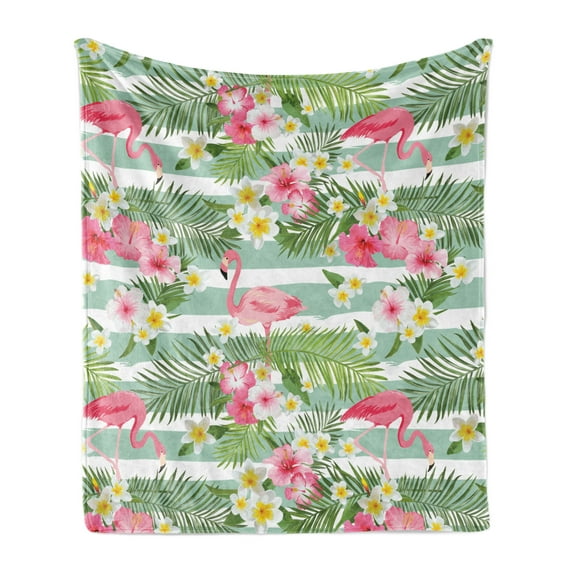 Flamingo Soft Flannel Fleece Blanket, Flamingos with Exotic Hawaiian Leaves Flowers on Striped Vintage Background, Cozy Plush for Indoor and Outdoor Use, 60" x 80", Green Pink White, by Ambesonne