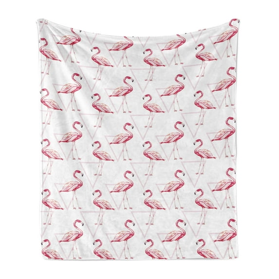 Flamingo Soft Flannel Fleece Blanket, Realistic Drawing Style Animals on Geometrical Backdrop with Pink Triangles, Cozy Plush for Indoor and Outdoor Use, 60" x 80", Pink Peach White, by Ambesonne