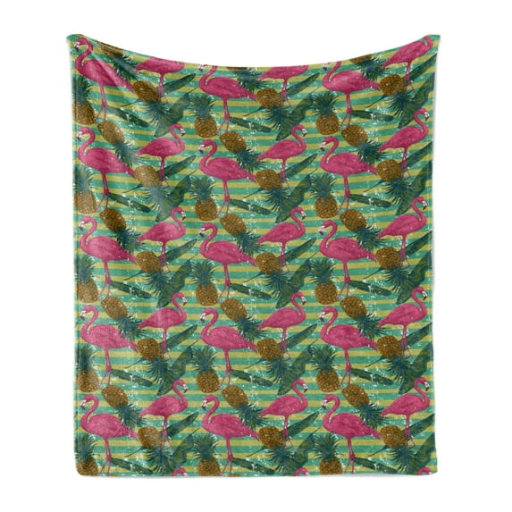 Flamingo Soft Flannel Fleece Blanket, Tropical Animals on Striped Background with Pineapples Banana Leaves Grunge Look, Cozy Plush for Indoor and Outdoor Use, 50" x 60", Multicolor, by Ambesonne