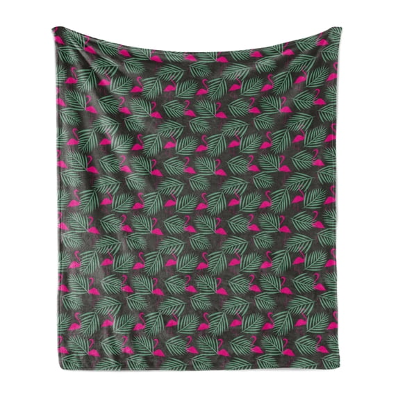 Flamingo Soft Flannel Fleece Blanket, Zoo Animals in Pink Vibrant Color Island Nature Fantasy Design Elements, Cozy Plush for Indoor and Outdoor Use, 60" x 80", Hot Pink Green Black, by Ambesonne