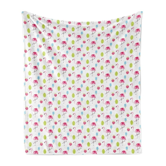 Flamingo Soft Flannel Fleece Throw Blanket, Cheerful Exotic Summer Holiday Pattern Cartoon Ice Cream Raspberry Palm Leaves, Cozy Plush for Indoor and Outdoor Use, 50" x 60", Multicolor, by Ambesonne