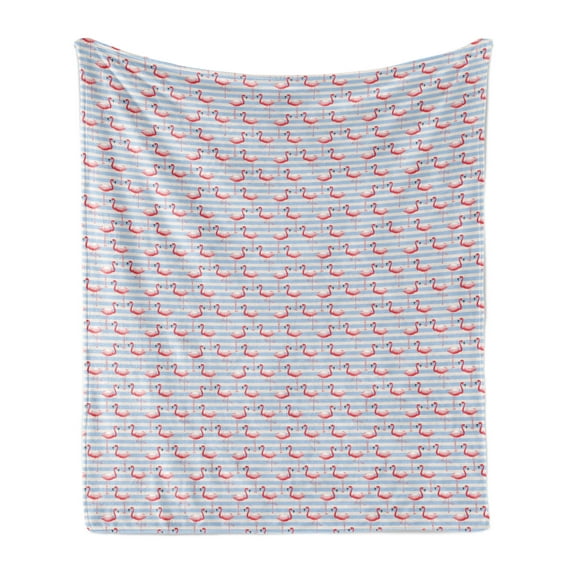 Flamingo Soft Flannel Fleece Throw Blanket, Colorful Doodle Exotic Birds on Marine Stripes, Cozy Plush for Indoor and Outdoor Use, 60" x 80", Dark Coral Rose, by Ambesonne