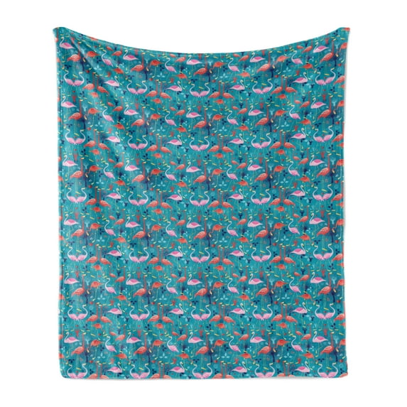 Flamingo Soft Flannel Fleece Throw Blanket, Colorful Interpretation of Animals and Heart Leaves Swirls Motifs Ornamental, Cozy Plush for Indoor and Outdoor Use, 60" x 80", Multicolor, by Ambesonne