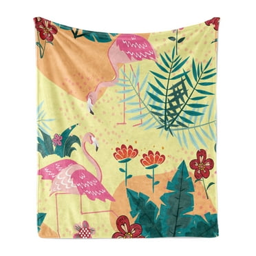 Flamingo Soft Flannel Fleece Throw Blanket, Exotic Birds and Hibiscus Blossoms in Tropical Forest Monstera Hawaiian Doodle, Cozy Plush for Indoor and Outdoor Use, 50" x 60", Multicolor, by Ambesonne