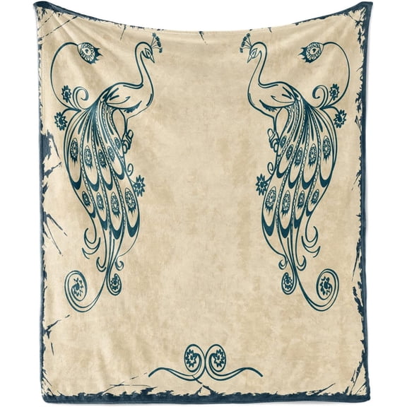 Flamingo Soft Flannel Fleece Throw Blanket, Flamingos with Exotic Hawaiian Leaves Flowers on Striped Vintage Background, Cozy Plush for Indoor and Outdoor Use, 50" x 70", Green Pink A1