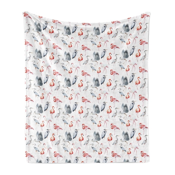 Flamingo Soft Flannel Fleece Throw Blanket, Heron and Flamingo Birds with Watercolor Design Wildlife Nature, Cozy Plush for Indoor and Outdoor Use, 50" x 60", Grey Vermilion White, by Ambesonne
