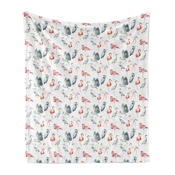 Flamingo Soft Flannel Fleece Throw Blanket, Heron and Flamingo Birds with Watercolor Design Wildlife Nature, Cozy Plush for Indoor and Outdoor Use, 50" x 70", Grey Vermilion White, by Ambesonne