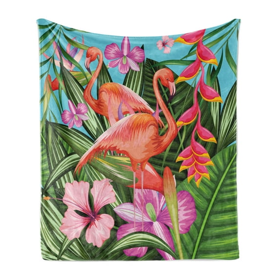 Flamingo Soft Flannel Fleece Throw Blanket, Illustration of Animal Tropical Garden Hibiscus Flower Plant Vintage, Cozy Plush for Indoor and Outdoor Use, 70" x 90", Green Pink Blue, by Ambesonne