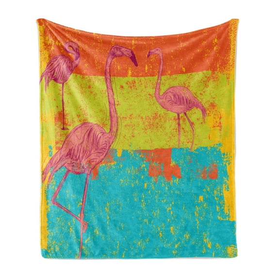 Flamingo Soft Flannel Fleece Throw Blanket, Illustration of Flamingos in Old Style Retro Vintage Colored Stripes Art Grunge, Cozy Plush for Indoor and Outdoor Use, 70" x 90", Multicolor, by Ambesonne