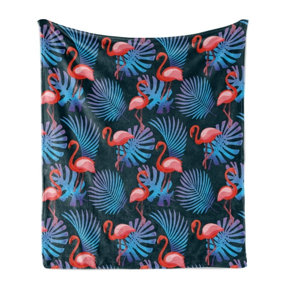 Flamingo Soft Flannel Fleece Throw Blanket, Monstera Leaves Pinnate Botany Elements in Dark Tones Pattern, Cozy Plush for Indoor and Outdoor Use, 50" x 70", Charcoal Grey and Multicolor, by Ambesonne