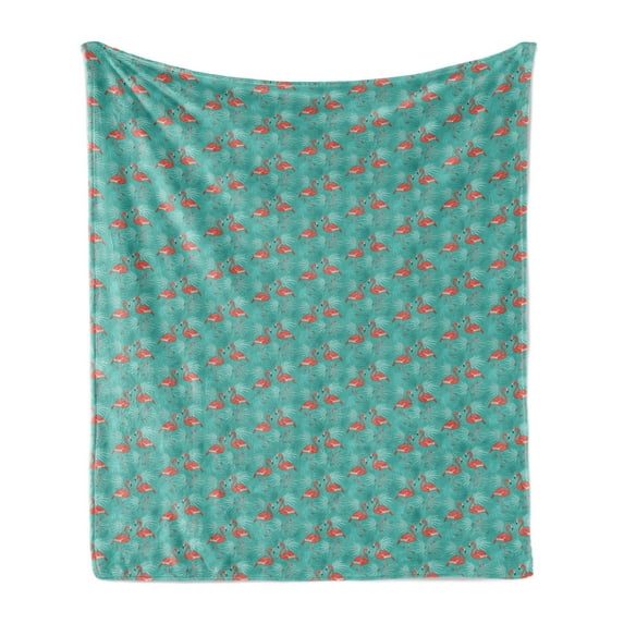 Flamingo Soft Flannel Fleece Throw Blanket, Tropical Birds with Hawaiian Foliage Background Summer Holiday Theme, Cozy Plush for Indoor and Outdoor Use, 50" x 60", Turquoise and Coral, by Ambesonne
