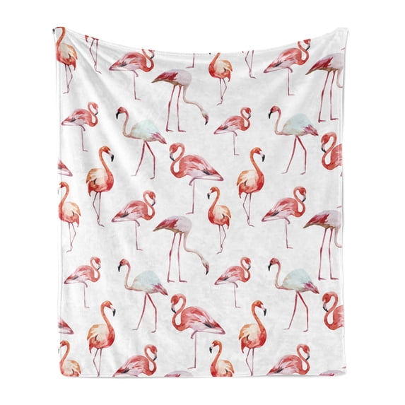 Flamingo Soft Flannel Fleece Throw Blanket, Watercolor Repetitive Pattern with Exotic Birds Animal Themed Image, Cozy Plush for Indoor and Outdoor Use, 60" x 80", Pale Pink Coral, by Ambesonne