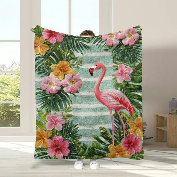 Flamingo Soft Flannel Throw Blanket, Flamingos with Exotic Hawaiian Leaves Flowers on Striped Vintage Background, Cozy Plush for Indoor and Outdoor Use, , Green Pink