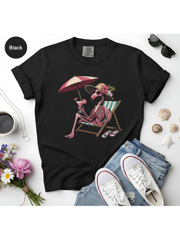 Flamingo Spooky Beach Tropical Goth Summer Quirky Aesthetic Vacation Graphic T-Shirt All Size S-3XL