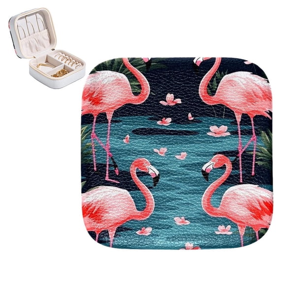 Flamingo Square Portable Jewelry Box Organizer for Rings, Earrings, Necklaces, Bracelets, Girls, Women