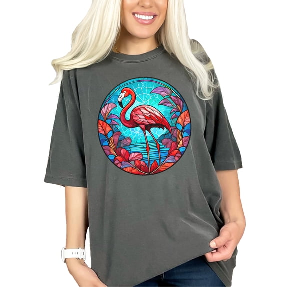 Flamingo Stained Glass Art Design T-Shirt, Colorful Tropical Bird T-Shirt, Unique Graphic Tee, Artistic Flamingo Shirt, Summer Vibes Tee, Pepper Comfort Colors T-Shirt, 2XL