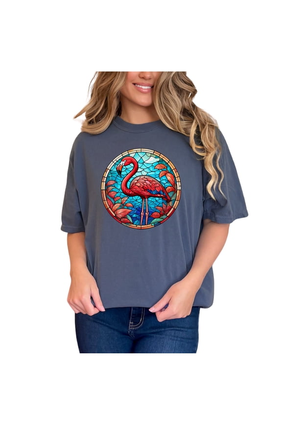 Flamingo Stained Glass Art T-Shirt, Unique Colorful Birds Tee, Vibrant Window Design Shirt, Exotic Animal Print Top, Nature Lovers Gift, Denim Comfort Colors T-Shirt, Small