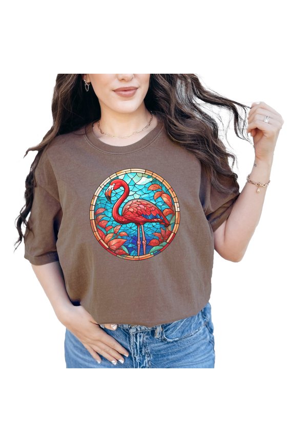 Flamingo Stained Glass Art T-Shirt, Unique Colorful Birds Tee, Vibrant Window Design Shirt, Exotic Animal Print Top, Nature Lovers Gift, Espresso Comfort Colors T-Shirt, Small
