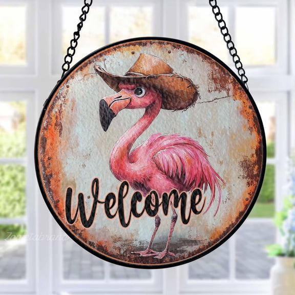 Flamingo Stained Glass Suncatcher Metal Outdoor Decor Rustic Welcome Distressed Pink