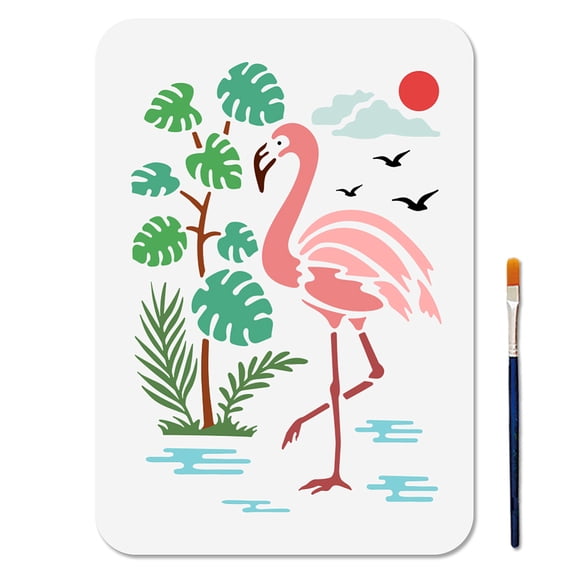 Flamingo Stencil Palm Tropical Leaves Stencils with Paint Brush 11.78.3inch Animals Plants Reusable Drawing Templates Craft on Window Wood