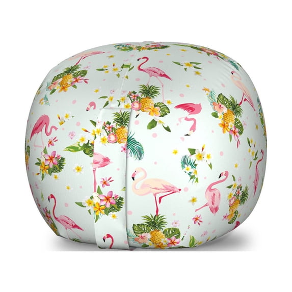 Flamingo Storage Toy Bag Chair, Flourishing Fresh Flowers with Pineapples and Dots Retro Style Birds Romantic, Stuffed Animal Organizer Washable Bag, Large Size, Multicolor, by Ambesonne