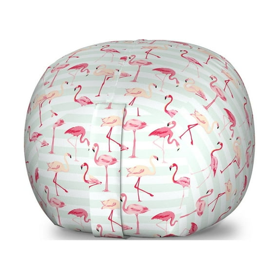 Flamingo Storage Toy Bag Chair, Horizontal Striped Background with Pastel Colored Island Jungle Birds, Stuffed Animal Organizer Washable Bag, Small Size, Mint Green Coral Peach, by Ambesonne