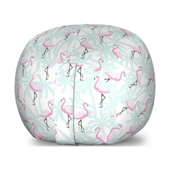 Flamingo Storage Toy Bag Chair, Pale Color Abstract Coconut Palm Tree Silhouettes Retro Pink Birds, Stuffed Animal Organizer Washable Bag, Small Size, Mint Green Pale Pink, by Ambesonne