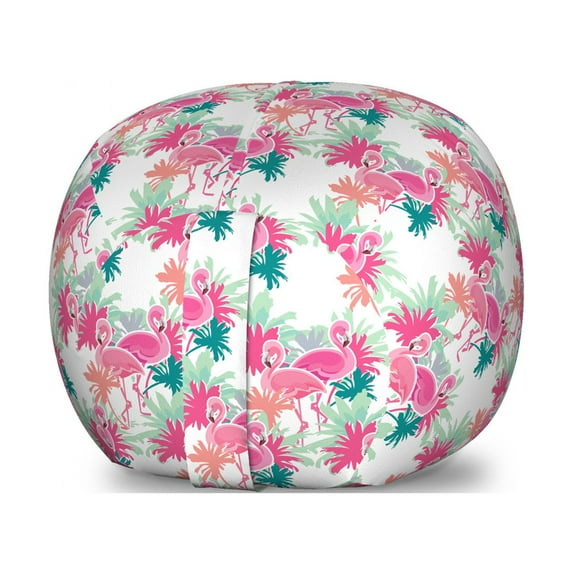 Flamingo Storage Toy Bag Chair, Rhythmic Hipster Print of Palm Trees and Pink Birds Couple on Plain Backdrop, Stuffed Animal Organizer Washable Bag, Small Size, Pink Multicolor, by Ambesonne