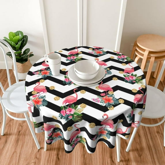 Flamingo Striped Summer Tropical Floral Round Tablecloth 60 Inch, Decorative Holiday Home Party Table Cloth for Kitchen Dining Picnic Table Cover