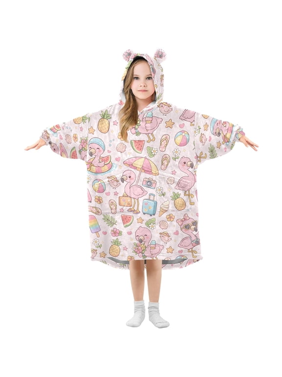 Flamingo Summer Beach Pattern Kids Wearable Blanket Hoodie Toddler Oversized Sherpa Sweatshirt 3-14 YR S