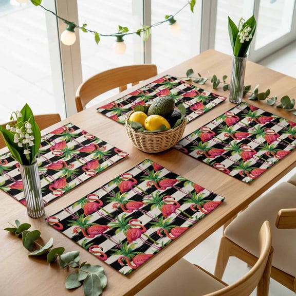 Flamingo Summer Palm Leaves Placemats Set of 4,Wipeable Washable Table Mats for Dining Tables, Abstract Black Stripe Place Mats for Kitchen Event Party Tabletop Decor
