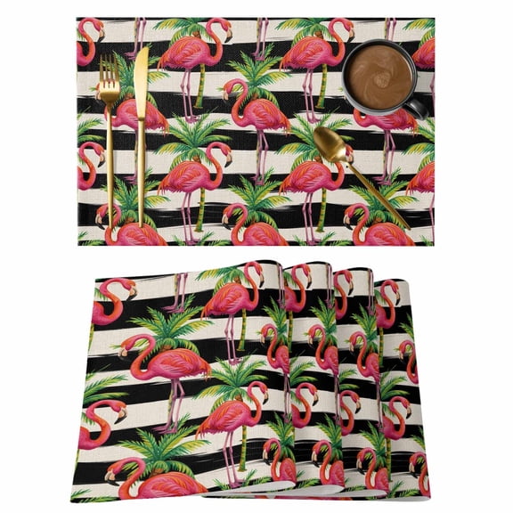 Flamingo Summer Palm Leaves Placemats Set of 6,Wipeable Washable Table Mats for Dining Tables, Abstract Black Stripe Place Mats for Kitchen Event Party Tabletop Decor