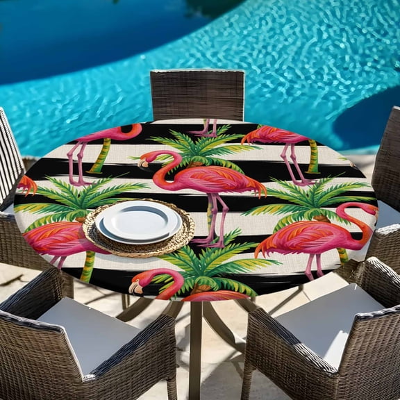 Flamingo Summer Palm Leaves Round Fitted Tablecloth with Elastic Edge,Waterproof Table Cloth Fits Tables Up to 45"-54",Wipeable Table Cover for Indoor Outdoor Dinning Party,Abstract Black Stripe