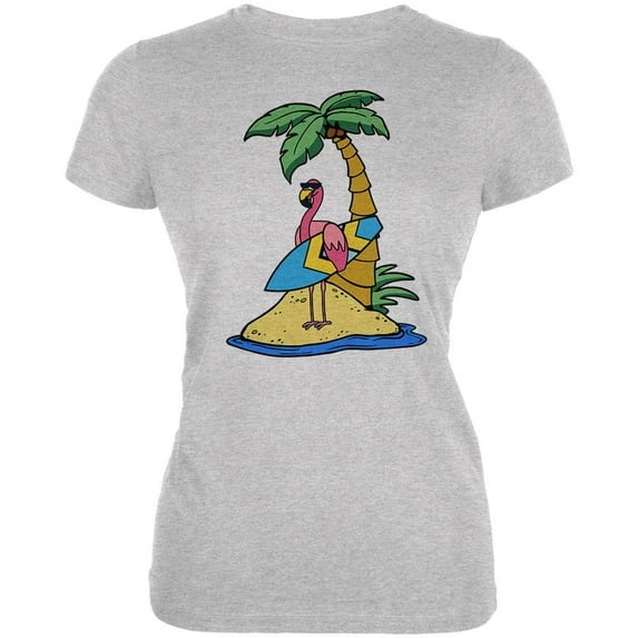 Flamingo Summer Palm Tree Juniors Soft T Shirt Heather LG