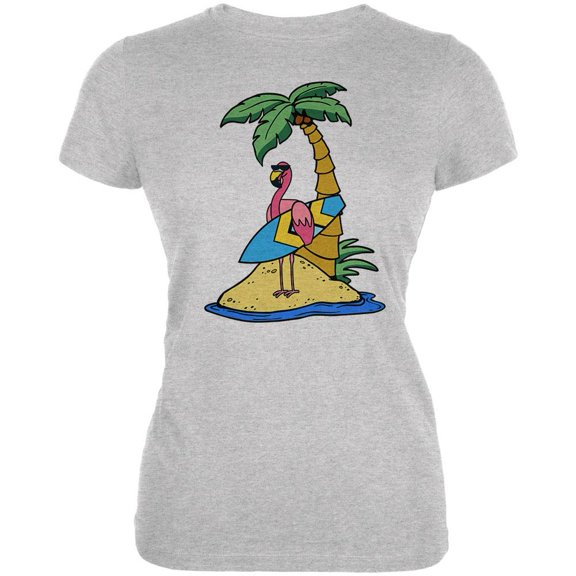 Flamingo Summer Palm Tree Juniors Soft T Shirt Heather LG