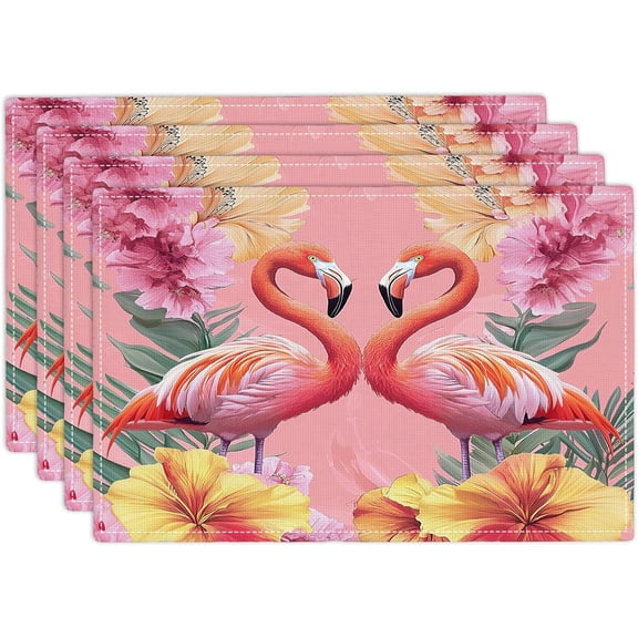 Flamingo Summer Placemats Set of 4, 12x18 Inch Flamingo Flower Table Place Mat Tropical Leaf Flower Washable Non-Slip Heat Resistant Fabric Placement Mats for Dining Kitchen Indoor Outdoor Decor