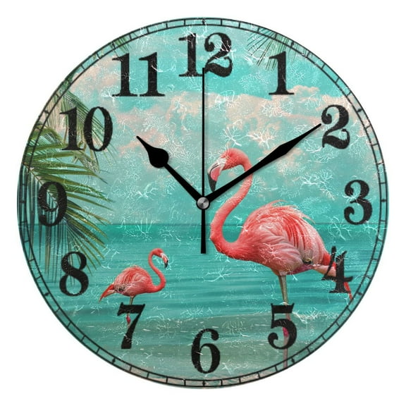 Flamingo Summer Tropical Palm Tree Silent Wall Clock 10" Non-Ticking Battery Clock
