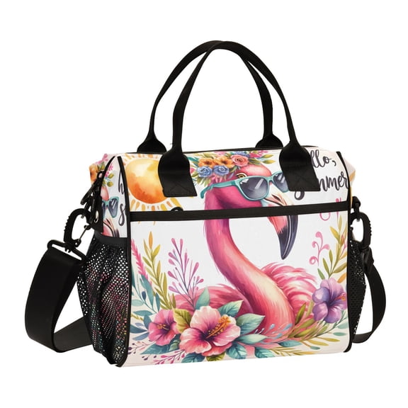 Flamingo Sunglasses and Flowers Floral Summer Cooler Bag Lunch Bag Soft Cooler Cooling Tote Insulated Lunch Box for Adult Men Women