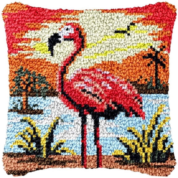 Flamingo & Sunset Latch Hook Kits Pillow DIY Rug Cushion Making Kits with preprinted Pattern Canvas Instruction Yarns and Latch Hooking Pillow Cover Easy to Start DIY Home Decor Kits 43x43cm