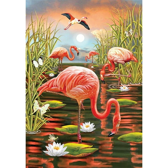 Flamingo Sunset Summer House Flag Birds Water 28" x 40"