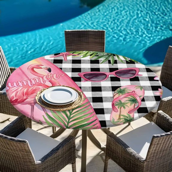 Flamingo on Surfboards Ink Mirrors Round Fitted Tablecloth with Elastic Edge,Waterproof Table Cloth Fits Tables Up to 36"-44",Washable Table Cover for Indoor Outdoor Dinning Party,Black White Plaid