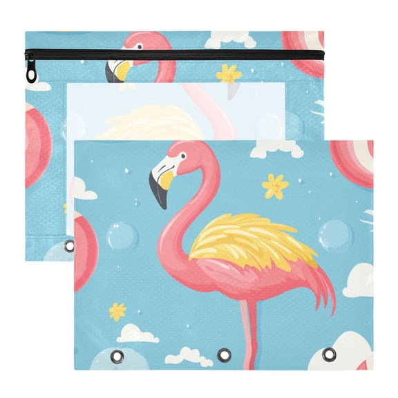 Flamingo Swim Circles Cartoon 3-Ring Binder Pouches A4 Size Zipper Pocket File Storage 2 Packs
