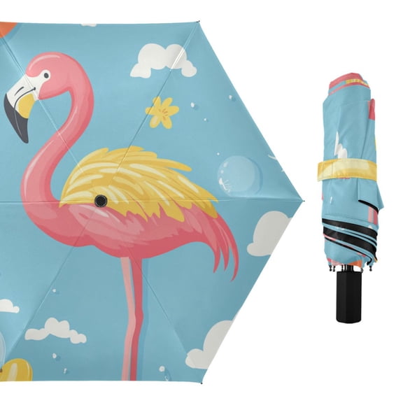 Flamingo Swim Circles Cartoon All Weather Umbrella Triple Folding Parasol 6 Ribs UV Protection Portable