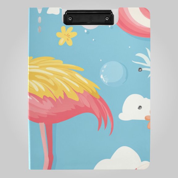 Flamingo Swim Circles Cartoon Foldable Binder Folder Clipboard with Pen Slot Double Clips A4 Size File Storage