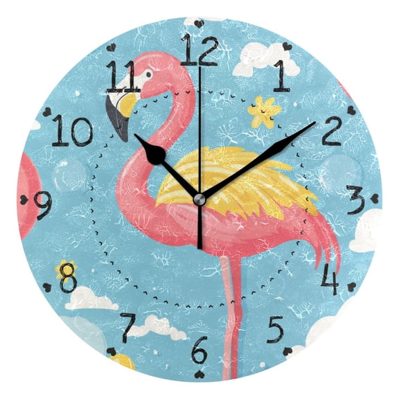 Flamingo Swim Circles Cartoon Round Wall Clock Silent Analog Battery Operated Black Pointer Home Decor 9.84" Diameter